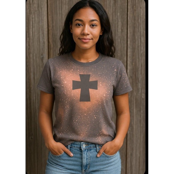Custom Bleached T-Shirt Size Small Cross Cosmic Galaxy Gray Pink Tee New! - Picture 1 of 9